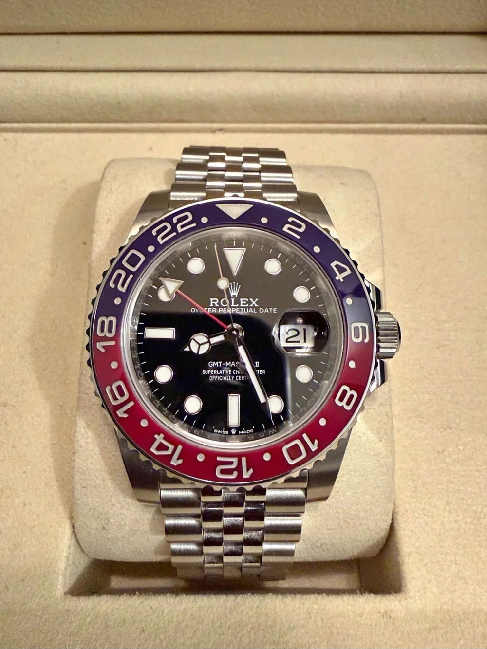 Rolex GMT-Master II Stainless Steel Watch with Black Dial and Blue-Red Bezel
